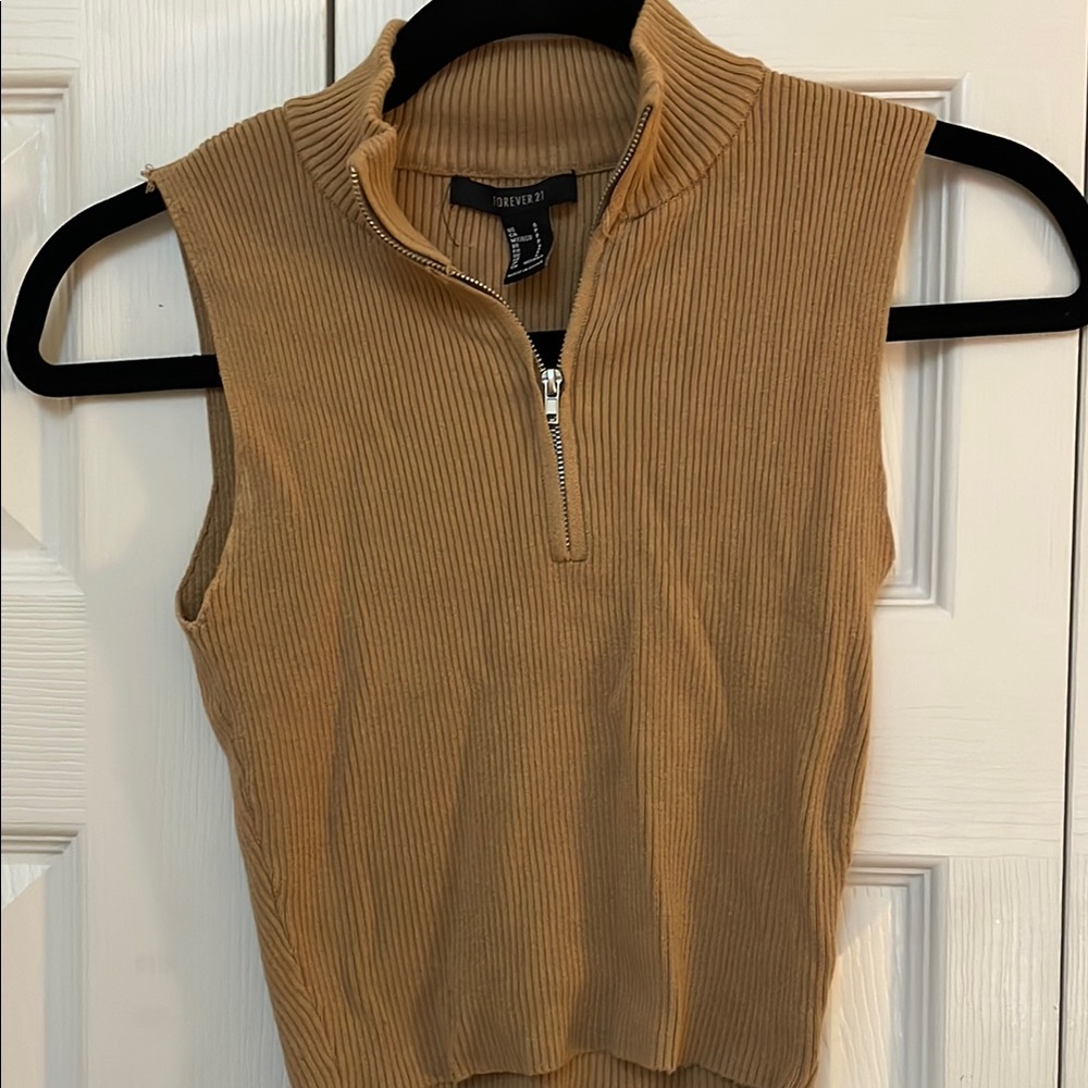 Forever 21 Camel Ribbed Zip-Up Sleeveless Top
